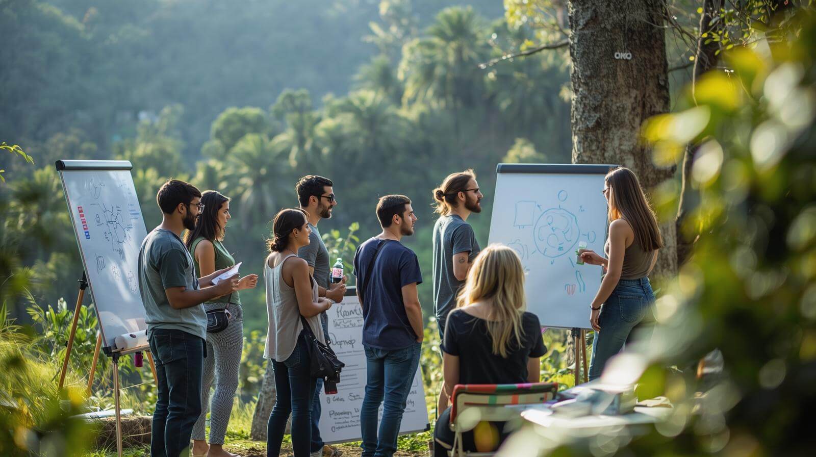 Creative offsite with whiteboards and nature backdrop